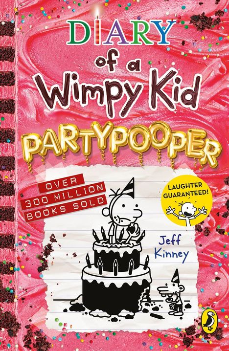 "DIARY of a Wimpy Kid: PART YPOOPER" in bunten Buchstaben. Illustration: Junge auf Geburtstagskuchen. Bunt verzierter Hintergrund.