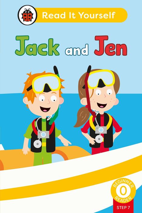 "Jack and Jen" in bunten Buchstaben. Zwei Kinder mit Schnorcheln auf einem Boot, fröhliche Gesichter, klare blaue Szenerie.
