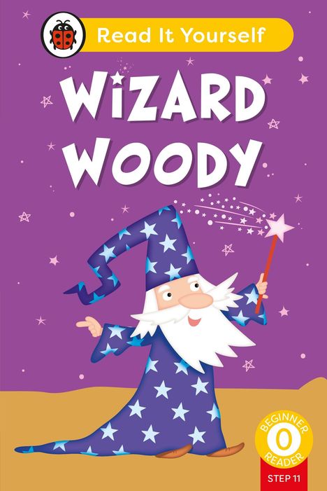 „Wizard Woody“ in großen weißen Buchstaben auf lila Hintergrund. Illustration: ein Zauberer in blauem Gewand mit Sternen.