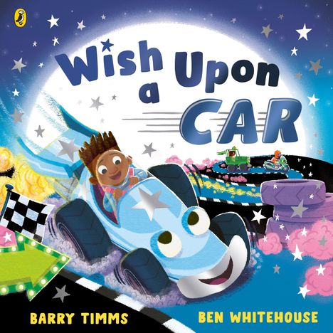 „Wish Upon a Car“ in großen Buchstaben, ein Kind fährt fröhlich in einem blauen Auto mit Augen. Viel Farbe und Sterne.