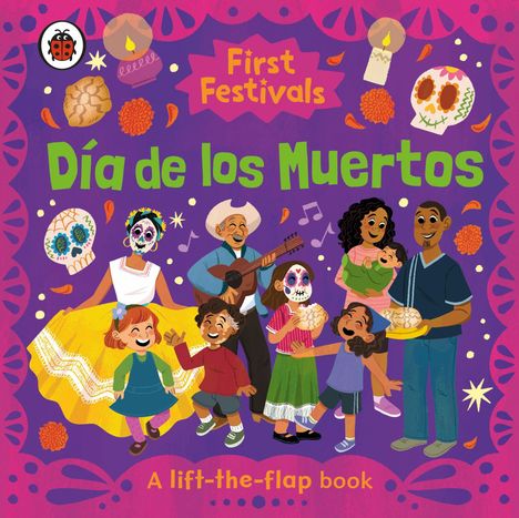 „First Festivals Día de los Muertos“. Fröhliche Gruppe in festlicher Kleidung feiert. Bunte Totenköpfe und Kerzen.