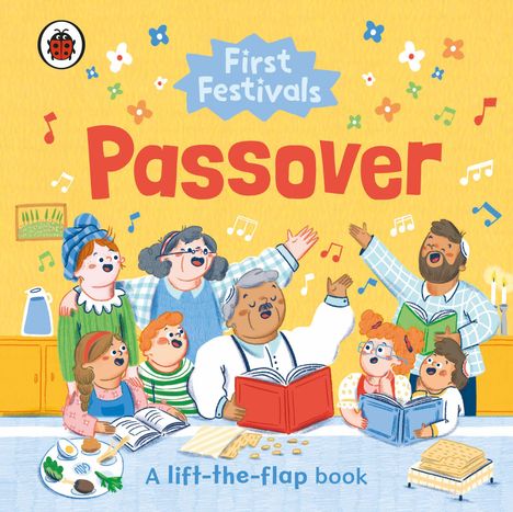 "First Festivals: Passover" Titel. Fröhliche Menschen singen zusammen, mit Musiknoten und einem gedeckten Tisch davor.