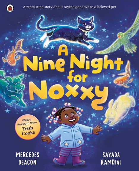 „A Night for Noxxy“, Kinderbuchcover, zeigt ein fröhliches Kind in einem pyjamaähnlichen Outfit mit Tieren im Weltraum.