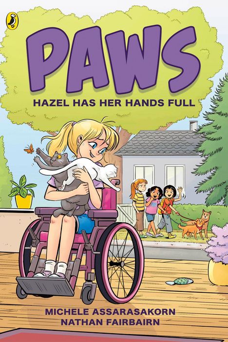 "PAWS: HAZEL HAS HER HANDS FULL" steht oben. Eine Illustration zeigt ein Mädchen im Rollstuhl mit zwei Katzen im Arm.