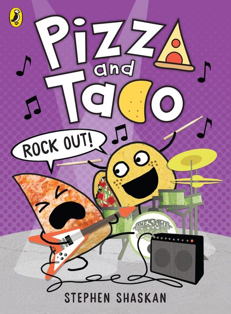 "Pizz and Taco, Rock Out!", Illustration: Pizza spielt Gitarre, Taco am Schlagzeug, fröhliche Musiknoten in lila Hintergrund.