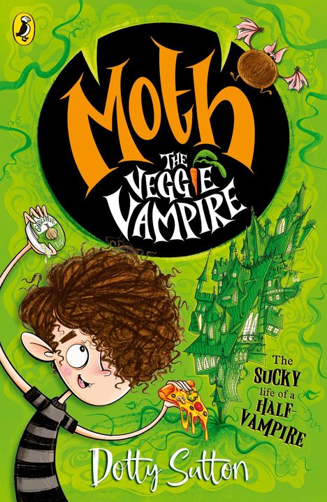 „Moth: The Veggie Vampire“ in großen Buchstaben. „The sucky life of a half-vampire“. Illustration: Kind mit Pizza.