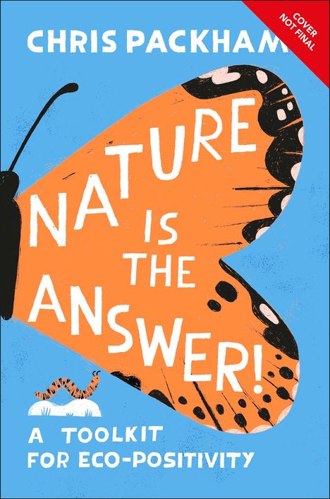 "Nature is the Answer! A Toolkit for Eco-Positivity." Ein stilisierter Schmetterling mit orangefarbenen Flügeln.