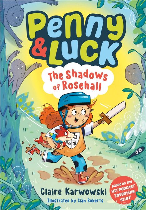 "Penny & Luck: The Shadows of Rosehall" zeigt ein fröhliches Kind mit Helm und Hund in bunter Umgebung voller Blätter.