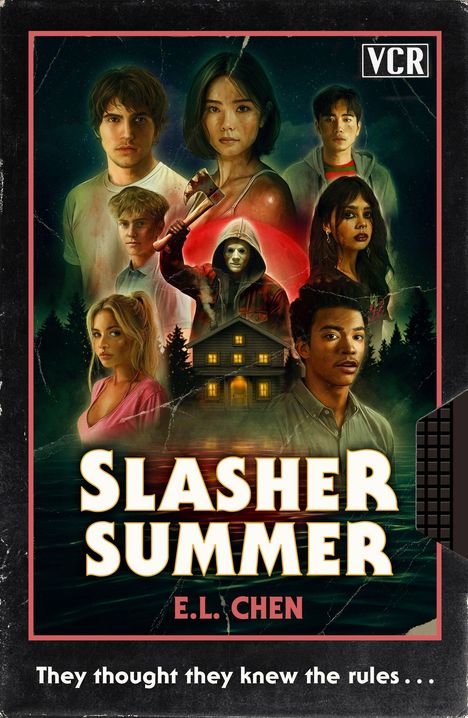 "SLASHER SUMMER" von E.L. Chen. Sechs Personen und maskierter Killer vor einem beleuchteten Haus am Wald.