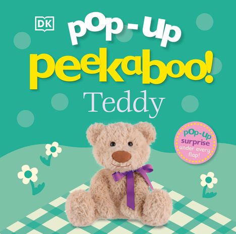 "pop-up peekaboo! Teddy" in lebhaften Buchstaben, darunter ein lächelnder Teddybär mit lila Schleife.