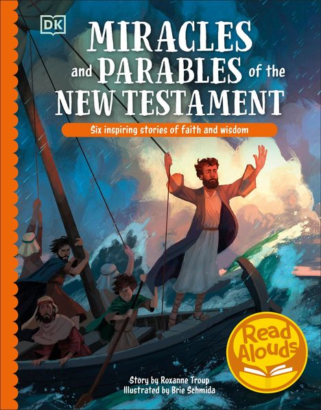 Text: "Miracles and Parables of the New Testament. Six inspiring stories of faith and wisdom." Illustration: Jesus steht im Sturm auf einem Boot.