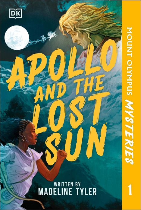 „APOLLO AND THE LOST SUN“, rollengelockter Apollo schaut, Frau in weiß läuft, Vollmond, Wagen mit Pferd, orange Rand.