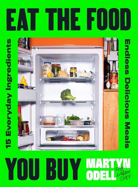 "Eat the Food You Buy" umrahmt Fotos von Lebensmitteln in einem Kühlschrank. Text: Martyn Odell, The Lagom Chef.