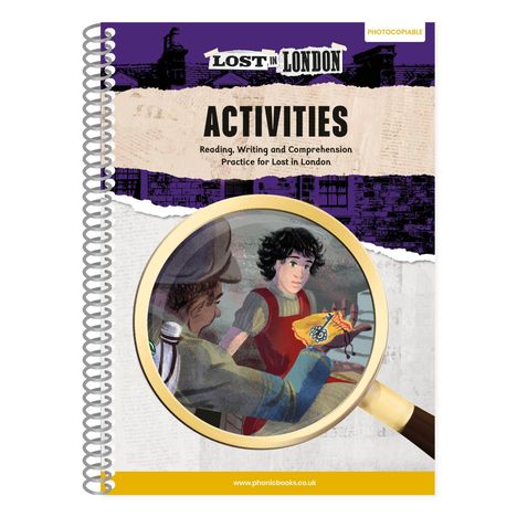 "ACTIVITIES: Reading, Writing and Comprehension Practice for Lost in London." Illustration mit einer Lupe, die zwei Personen zeigt.