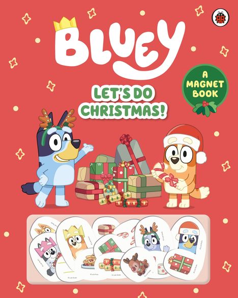 "BLUEY" oben, "LET'S DO CHRISTMAS!" mittig, "A MAGNET BOOK" rechts. Bunte Hunde mit Geschenken.