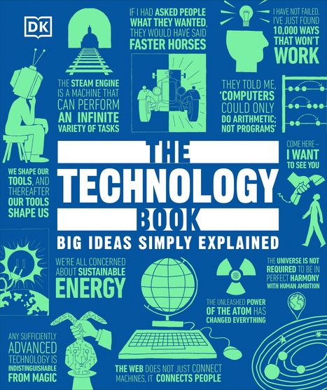 „THE TECHNOLOGY BOOK: BIG IDEAS SIMPLY EXPLAINED“ in großen Buchstaben; umgeben von Illustrationen und Zitaten über Technologie.