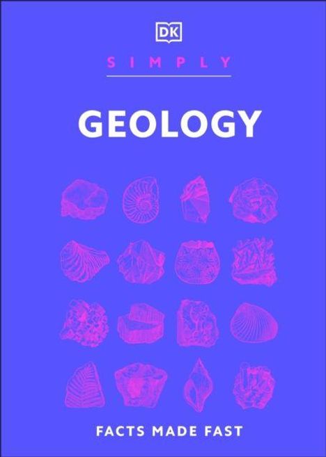 „SIMPLY GEOLOGY“ und „FACTS MADE FAST“ in weißer Schrift. Darunter Illustrationen von Fossilien.