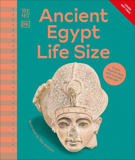 Text: "Ancient Egypt Life Size", "Come face to face with a stone pharaoh!" Illustration eines Pharaonenkopfes.