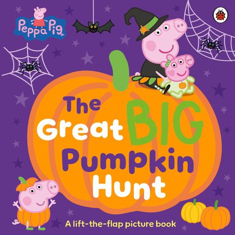 Text: "The Great Big Pumpkin Hunt". Zwei rosa Schweine in Halloween-Kostümen auf einem großen Kürbis, umgeben von Spinnennetzen.