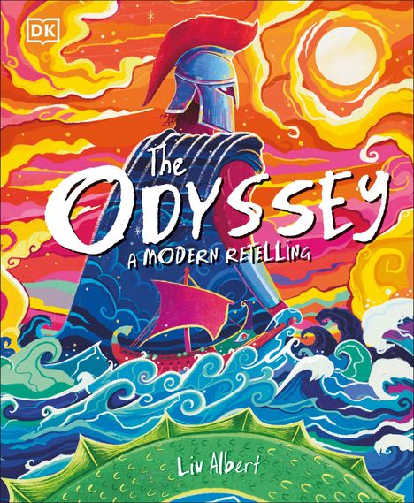 "The Odyssey: A Modern Retelling." Ein Krieger in antiker Rüstung, ein Segelschiff und wilde Meereswellen in lebhaften Farben.