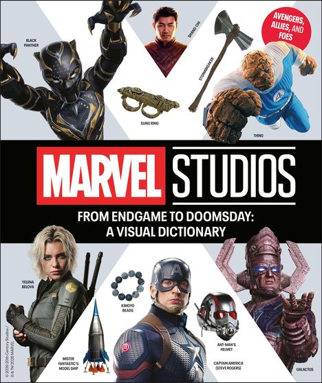 MARVEL STUDIOS. Avengers, Allies, and Foes. Charaktere und Objekte wie Black Panther, Captain America und Kimoyo Beads.