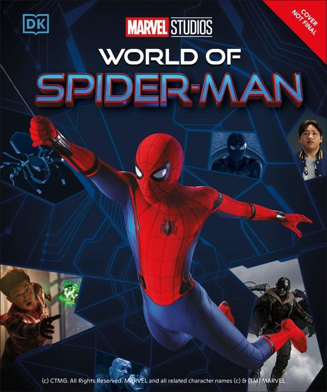 Texte: "MARVEL STUDIOS", "WORLD OF SPIDER-MAN". Illustration von Spider-Man, der mit ausgestrecktem Arm schwingt.