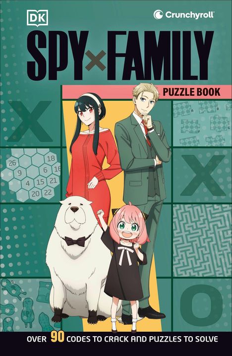 "SPY×FAMILY Puzzle Book. Over 90 codes to crack and puzzles to solve." Illustration von Figuren und einem großen Hund.