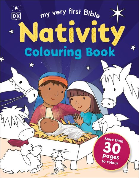 „My very first Bible“, „Nativity Colouring Book“. Illustration: Krippe mit Figuren und Tieren, über 30 Seiten zum Ausmalen.