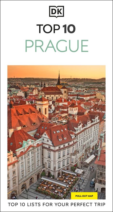 „TOP 10 PRAGUE“ in großer Schrift, darunter „TOP 10 LISTS FOR YOUR PERFECT TRIP“. Luftaufnahme einer Stadt mit roten Dächern.