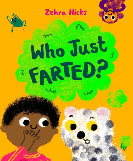 „Who Just Farted?“ in grüner Wolke. Fröhliches Kind und gepunkteter Hund vor orangefarbenem Hintergrund.