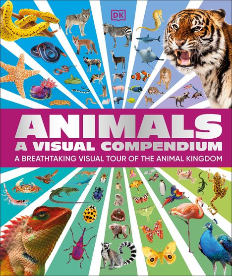 Text: "ANIMALS A Visual Compendium" - Tiere in einem strahlenförmigen Muster, darunter Tiger, Chamäleon, Papagei, Schmetterling.