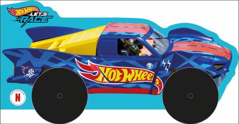 Text: "Let’s Race", "Hot Wheels". Illustration eines blauen Spielzeugautos mit gelbem Heck und roten Streifen.