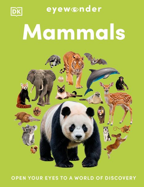 Titel: "Mammals". Darunter viele verschiedene Säugetiere, wie ein Panda, Elefant und Tiger, auf grünem Hintergrund.