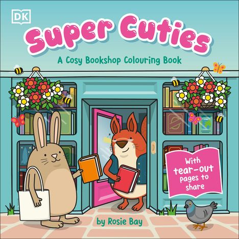 „Super Cuties: A Cosy Bookshop Colouring Book“ von Rosie Bay. Zwei Tiere mit Büchern; ein Hase und ein Fuchs vor einem Geschäft.