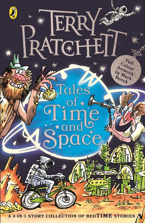 "Terry Pratchett. Tales of Time and Space. Bunter Affe, Astronaut, Mann mit Fernrohr, futuristische Landschaft."
