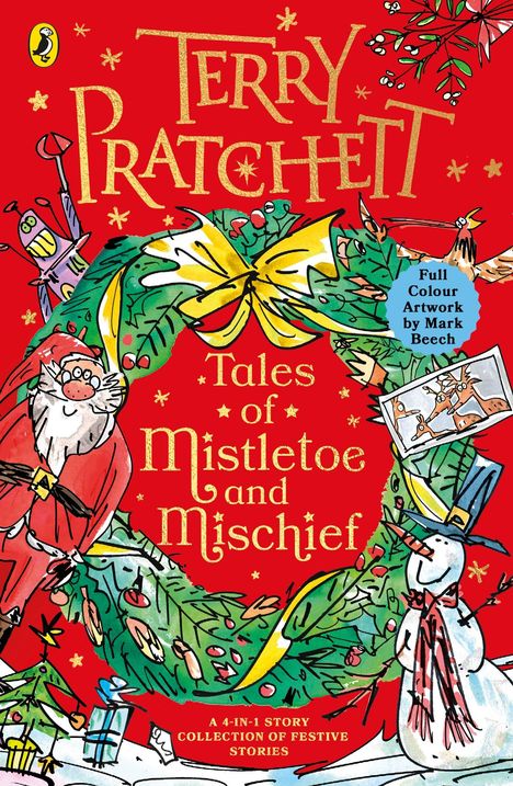 Text in grüner und goldener Schrift: "Terry Pratchett - Tales of Mistletoe and Mischief." Logo mit Pinguin darunter.