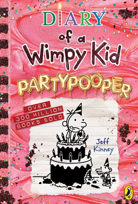 Text: "Diary of a Wimpy Kid: PARTYOOPER", "Over 300 million books sold", "Jeff Kinney". Illustration: Figur auf Torte.