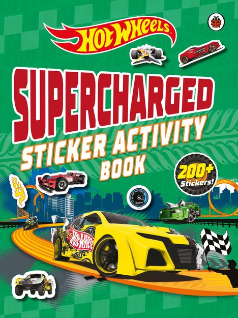 "SUPERCHARGED STICKER ACTIVITY BOOK" mit einem gelben Rennwagen auf orangener Strecke und "200+ Stickers!".