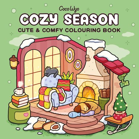 Text: "Coco Wyo Cozy Season Cute & Comfy Colouring Book." Eine gemütliche Szene mit Kamin, Schaukelstuhl, schlafendem Hund und Kaffee.