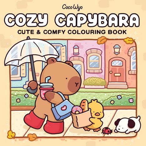 „Cozy Capybara: Cute & Comfy Colouring Book“. Illustration: Ein Bär mit Schirm, Tasche, rotem Stiefel, begleitet von Ente und Hund.