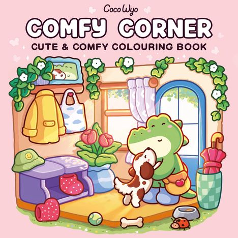 Text: "COMFY CORNER CUTE & COMFY COLOURING BOOK". Illustration: Ein Dinosaurier umarmt einen Hund in einem gemütlichen Raum.