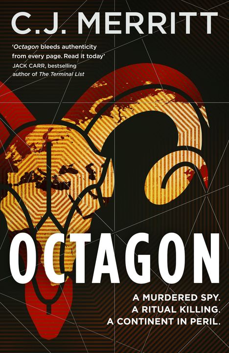 Titel: OCTAGON; Zitat: "A murdered spy. A ritual killing. A continent in peril."; Hintergrund: Abstrakte, rote und gelbe Formen.