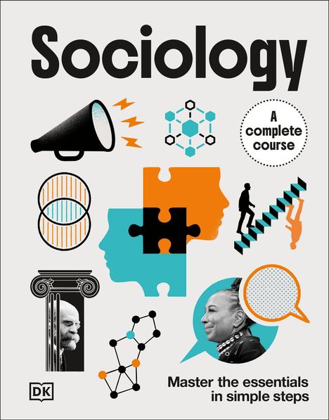"Sociology", "A complete course", "Master the essentials in simple steps". Illustrationen mit Megafon, Puzzleteilen, Köpfen und Treppe.