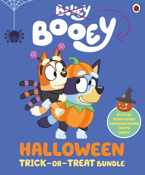 Text: "BOOEY", "HALLOWEEN TRICK-OR-TREAT BUNDLE". Illustration mit zwei verkleideten Cartoon-Hunden und einem Spinnennetz.