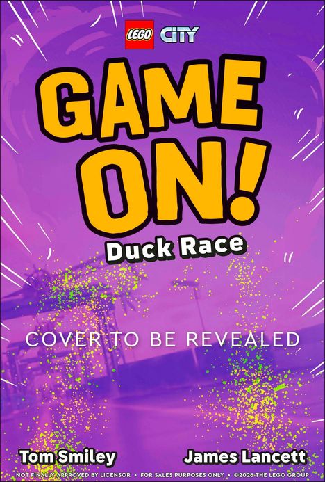 "Game On! Duck Race" in gelber Schrift. Hintergrund lila mit grünen und gelben Sprenkeln. Lego-Logo oben.