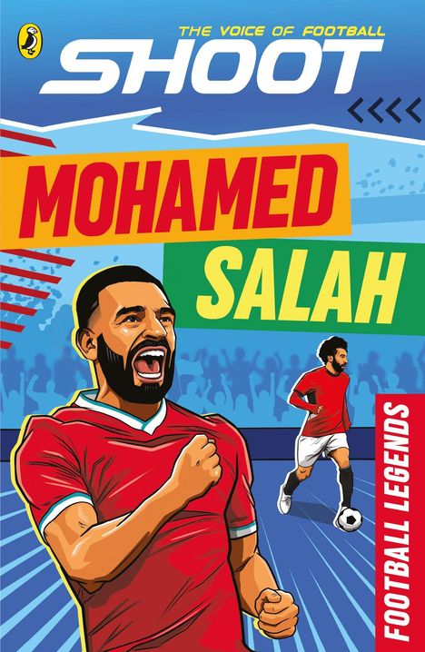 "THE VOICE OF FOOTBALL. MOHAMED SALAH. FOOTBALL LEGENDS." Illustration eines jubelnden Fußballspielers in rot.
