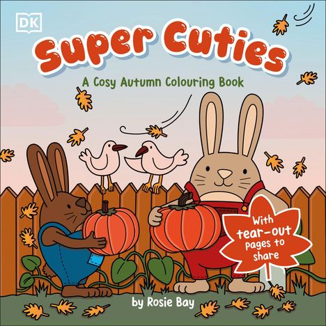 „Super Cuties: A Cosy Autumn Colouring Book“; Zwei Hasen mit Kürbissen, Vögel und Blätter, Illustration.