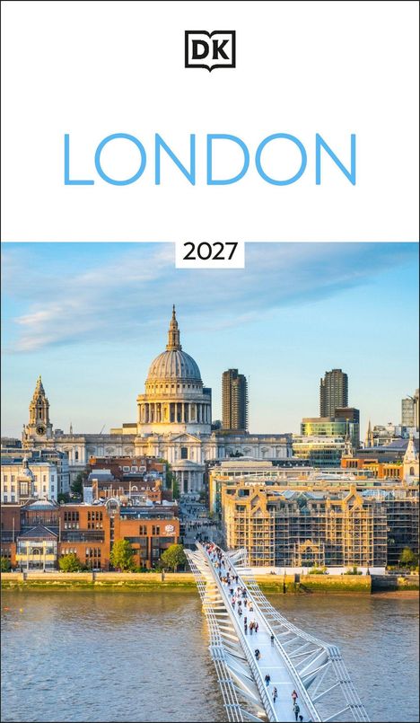 „LONDON“ und „2027“ oben, darunter Skyline mit berühmter Kathedrale und Fußgängerbrücke über einen Fluss.