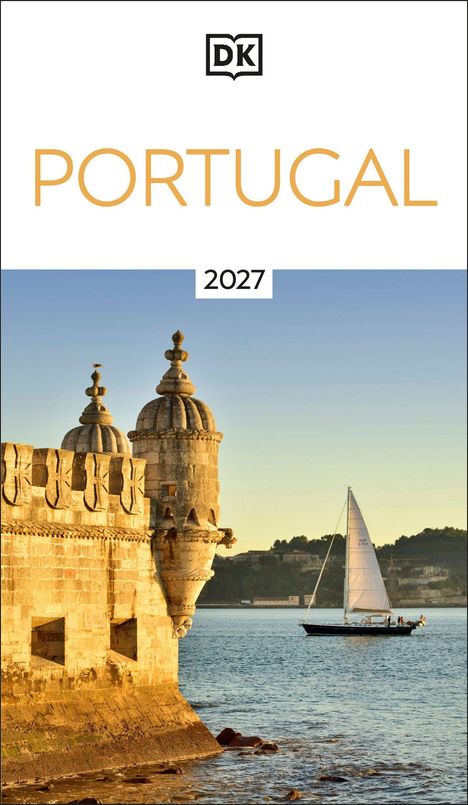 Oben "PORTUGAL 2027" und Logo. Schlossmauer am Wasser im Sonnenuntergang, Segelboot im Hintergrund.