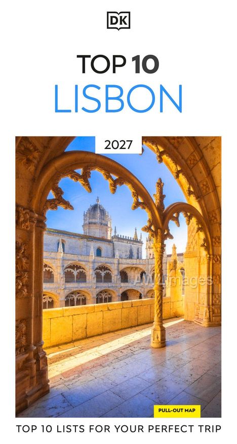 "TOP 10 LISBON 2027. TOP 10 LISTS FOR YOUR PERFECT TRIP." Logo und Gebäude mit dekorativen Bögen im Vordergrund.